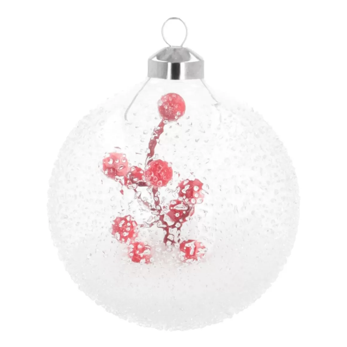 It's all about Christmas Extraordinary Baubles | Luxury Christmas Baubles-Luxury Christmas Bauble Frost Effect With Berry Branch | Transparent | Glass | 10cm