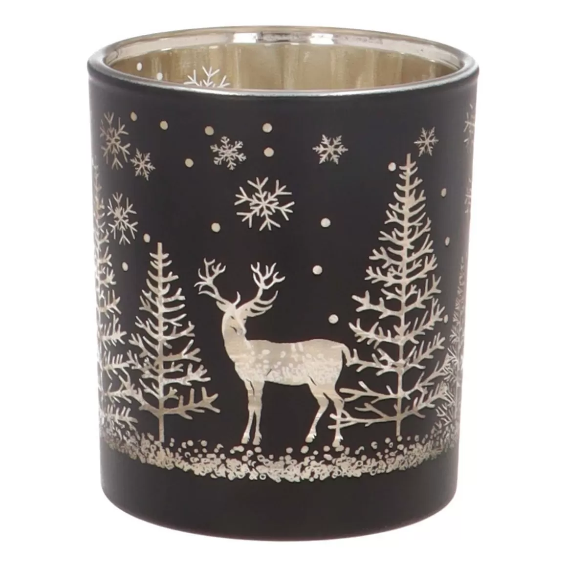 It's all about Christmas Candles-Tealight Holder With Reindeer In Forest | Glass | 8cm | Black-gold